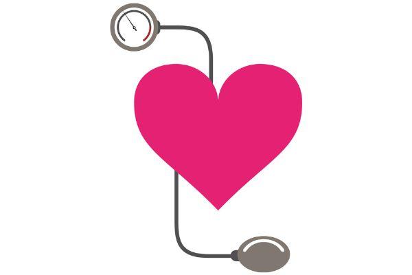 illustrated pink heart with a blood pressure pump