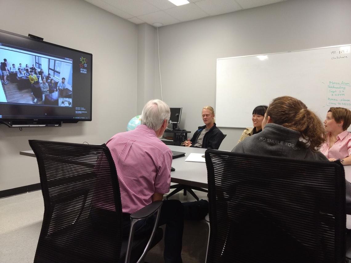 Wu and his students first say hello to Langill and his students via video link. It was 7 p.m. Calgary time, and 9 a.m. the next day Beijing time.