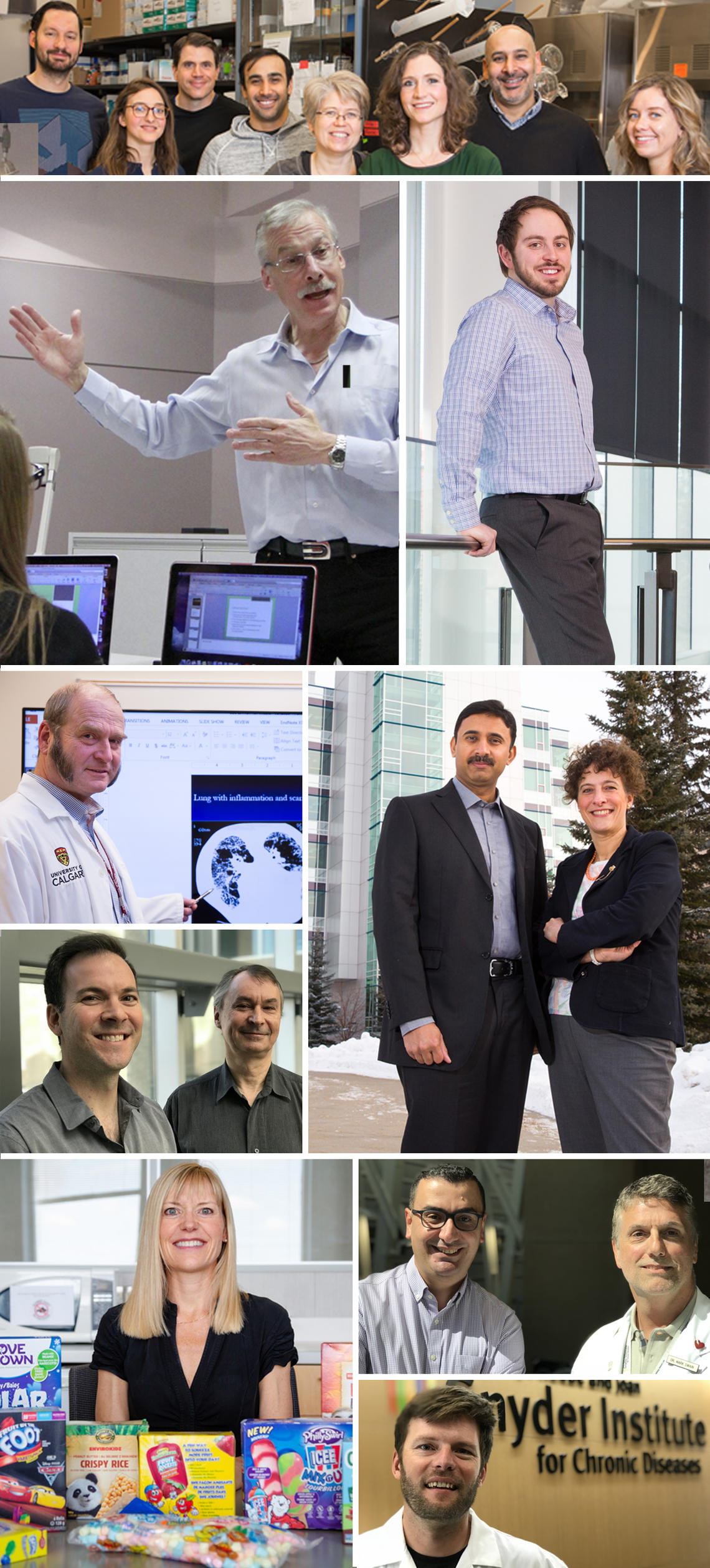 Clockwise from top: Principal investigator Jaideep Bains, second from right, with some of the authors of a study on how stress can be transmitted to others; Joshua Bourdage investigates truthfulness in job interviews; Stefania Bertazzon and Rizwan Shahid analyze Calgary's air quality; Abdel Aziz Shaheen and Mark Swain pursue a promising treatment for people with primary biliary cholangitis; Bas Surewaard works to unlock the mysteries of why staph infection is so deadly during sepsis; Charlene Elliot examine