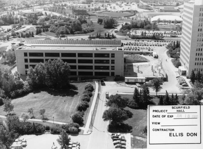 Scurfield Hall under construction, 1985. Built History of the University of Calgary, Archives and Special Collections. File number 6.04, Accession number 93.001.