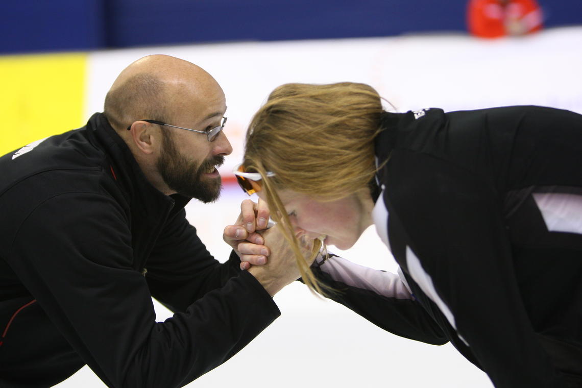 Marcel Lacroix with Christine Nesbitt after she won a World Cup medal in Calgary during the 2006-'07 season.