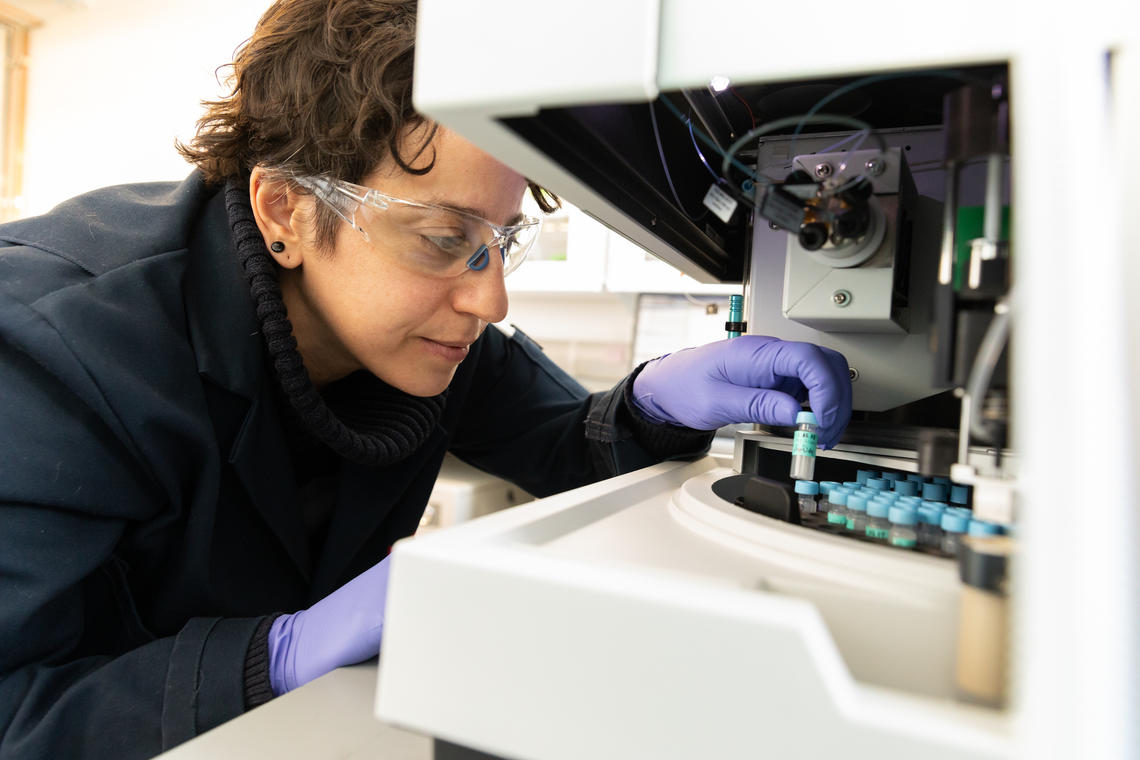 Biologist Angela Kouris works in a Global Research Initiative lab. 