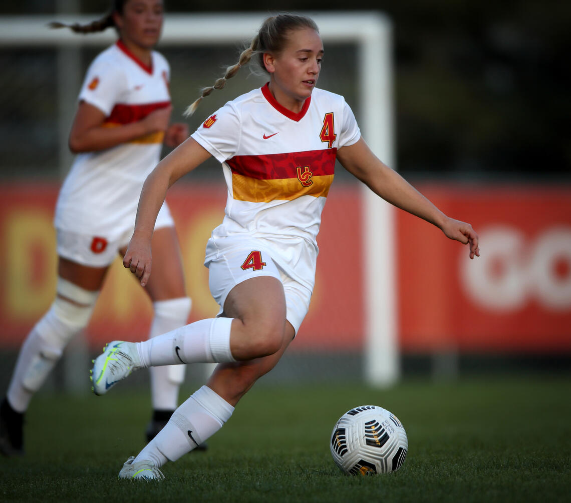 Rachel Barlow in control of the ball in a game against the University of Victoria. 