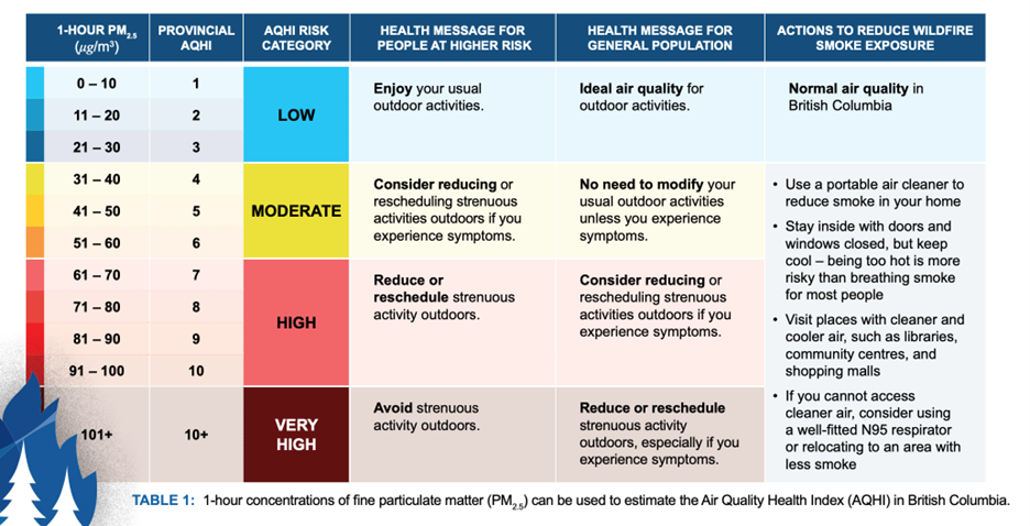AHQI scale and responses based on air quality and risk level