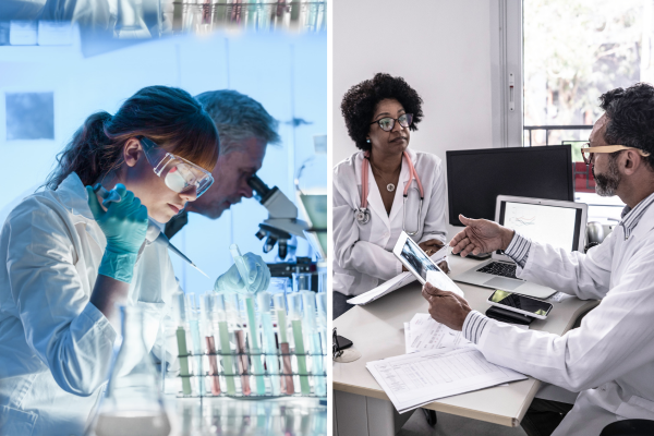 people working in a research lab on the left and doctors talking on the right