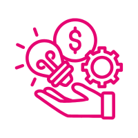 illustrated image of a hand holding a light bulb, coin and gear